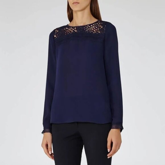 Reiss Navy Blue Tilly Long Sleeve Round Neck Lace Top size 8 - Picture 1 of 10